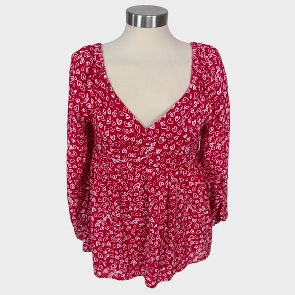 LOFT Womens Size 4 Baby Doll Blouse Dark Pink Heart Print - Picture 1 of 7